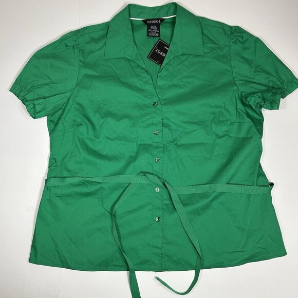 NWT George Women Green Short Puff Sleeve Button Up Shirt Top Collar V-neck XXL - Picture 3 of 6